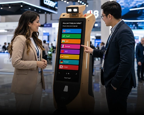 rental robot communicate in multiple languages at exhibition in bengaluru