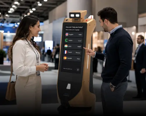 rental robot communicate in multiple languages at exhibition in delhi