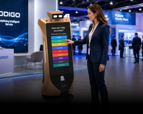 rental robot communicate in multiple languages at exhibition in ahmedabad