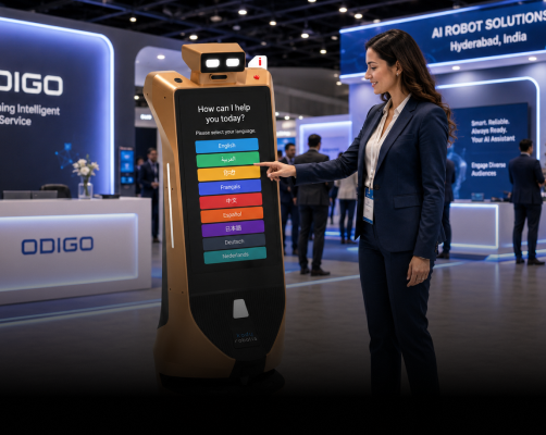 rental robot communicate in multiple languages at exhibition in Hyderabad