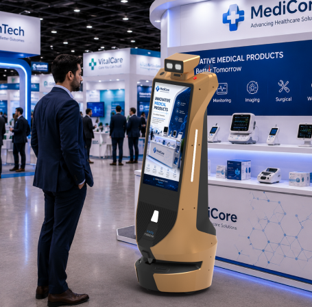 advertising robot runs live product demos